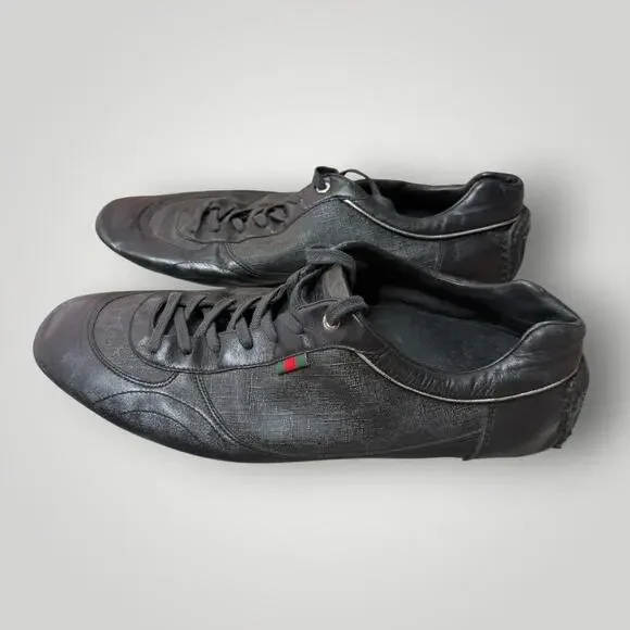 Gucci Black Leather & GG Canvas Low Top Sneakers Shoes Men’s Size 9.5