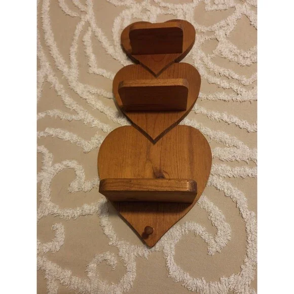 Vintage 3 Tier Wooden Heart Shaped Wall Shelf With Peg Cottagecore 19