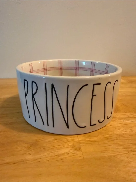 Rae Dunn White Bowl with Pink Plaid Interior - PRINCESS