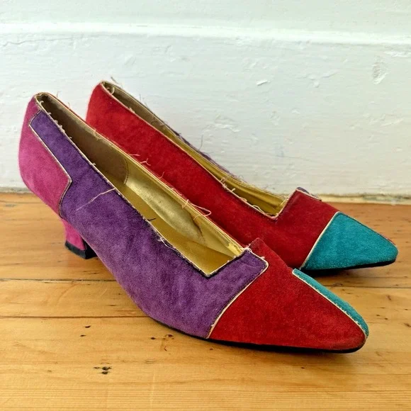 Vtg Multi-Color Retro 80s Colorblock Pumps Heels Pointed Toe‎ Size 10B Mod