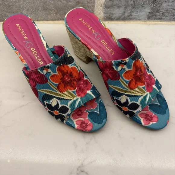 Floral Sandals Block Heel Shoes Slip On Andrew Geller Womens Burnette Size 7M