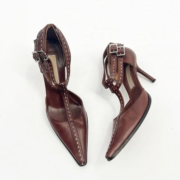 Michael Kors T-Strap Hand Stitched Pointed Toe Brown Heels size 7.5