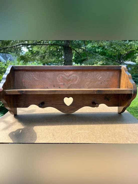 Vintage Shelf Wooden Heart Cutout Punched Tin Hook Cottagecore Grandmacore 26x11