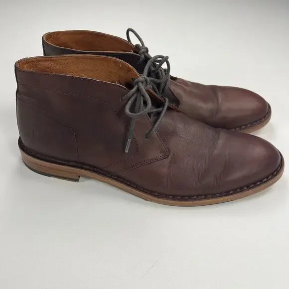 Frye Brown Leather Chukka Desert Dress Boots Lace Up Wood Heel Size 11.5