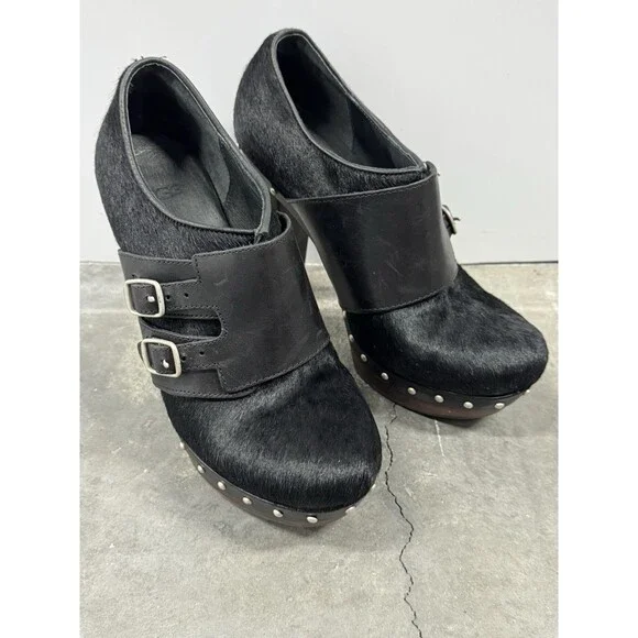UGG Illana Black Pony Hair Platform High Heel Studded Sherpa Booties Heels   8.5