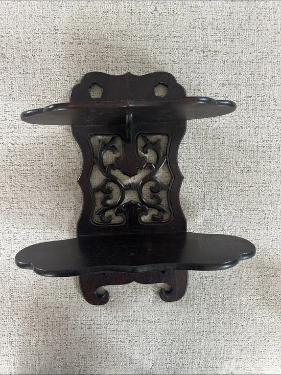 Vintage Victorian Carved Dark Wood Wall Shelf - Decorative Two-Tier Display