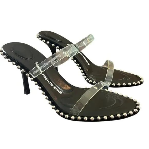 Alexander Wang Nova Slide Sandal Clear Strap Silver Beaded EU 37.5 US 7.NEW