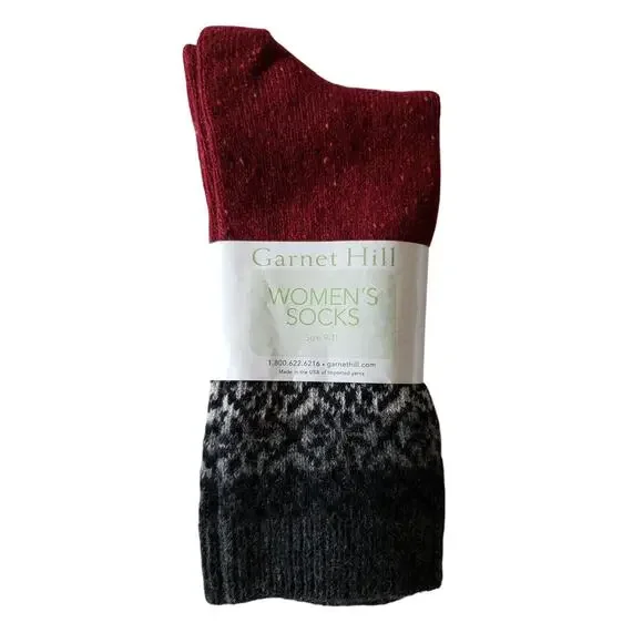 Garnet Hill 82% Cashmere Pattern Luxury Crew Socks Burgundy Black Annalise Med