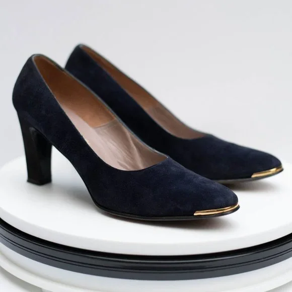 Vtg Saks Fifth Avenue Fenton Last Sued Leather Shoes Sz 9 Narrow Dark Blue Heels