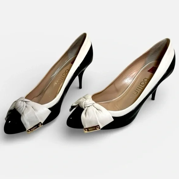 Ballin Italy Leather Black & Cream Bow Pointed Toe Heels Luxury Size EU 35 US 5