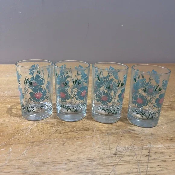 Vtg Taylor Smith & Taylor Ever Yours Teal Floral Juice Glasses MCM Set of 4