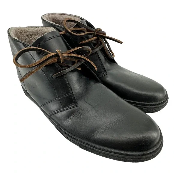 Frye Chukka Boots Mens 10.5 Black Leather Shearling Lined Utility Minimalist‎