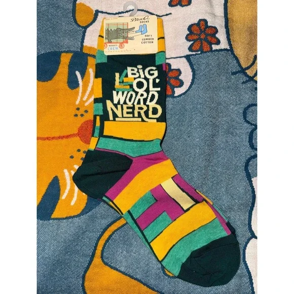 Blue Q Big Ol Word Nerd Womens Crew Socks Multi Color Combed Cotton New