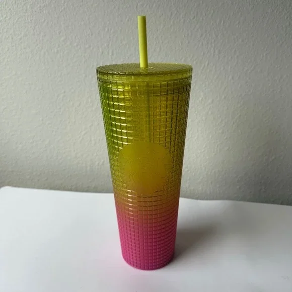Starbucks Lemon Pink Gradient Ombre Grid Venti Cold Cup 24oz Tumbler Summer 2022