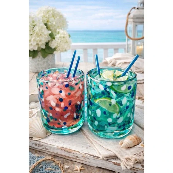 Vintage‎ Hand Blown Art Glass Tumblers Set of 2 Blue Green Confetti Coastal