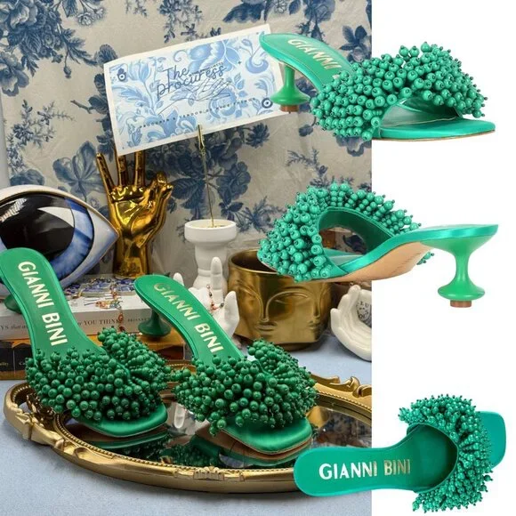 🆕 GIANNI BINI 🧿 NWOB Lonzo Beaded Square Toe Slide Sandals, Savory Green, Sz 8