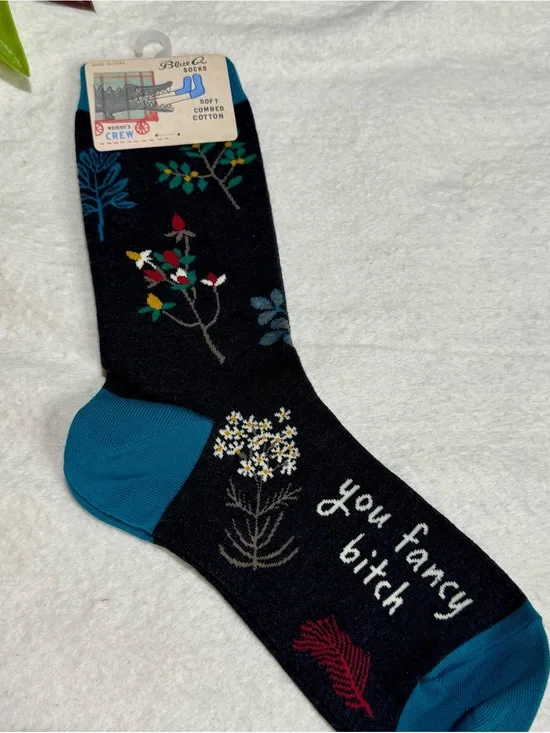 Blue Q You Fancy B Crew Socks Soft Combed Cotton Womens Floral Novelty NWT
