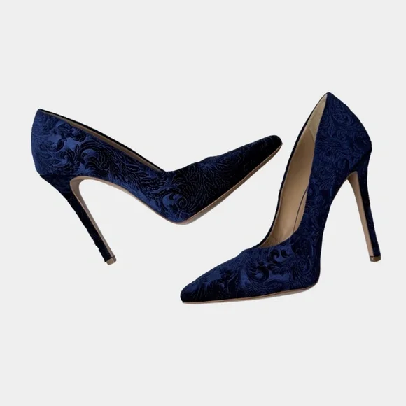 Marc Ellis Deep Navy Crushed Velvet Floral embossed Pump Size 40 Made‎ in Italy