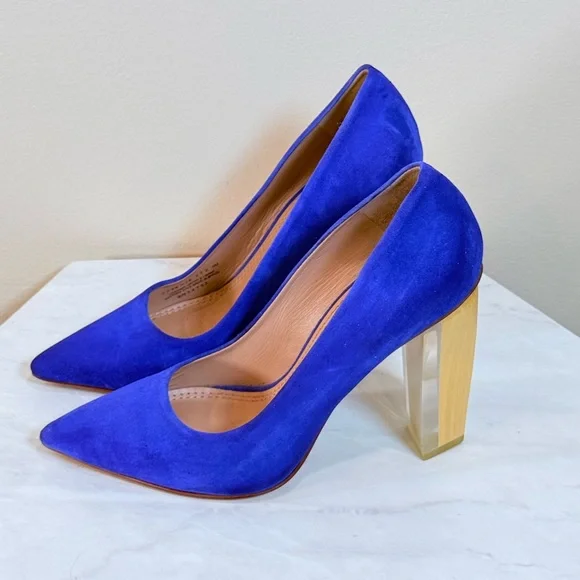 🔥Tory Burch Blue Suede Pointed-Toe Pumps with Lucite Block Heel Size 5 EC🔥