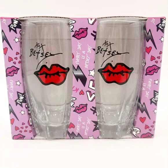 Betsey Johnson XOX Betsey Highball Glasses Set of 2 Red Lips Clear Glass New Box