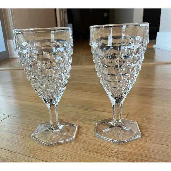 Set of 2 Vintage Fostoria‎ American Water Goblets Clear Glasses Hex Foot 6-7/8