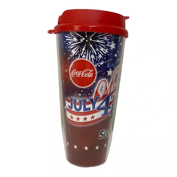 Coca-Cola Six Flags Fourth of July 2016 Refillable Drinking Cup w/Lid Summer GA