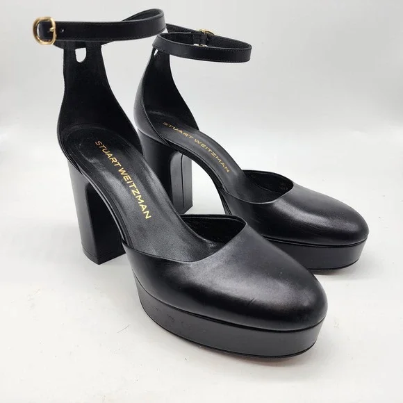 Stuart Weitzman Dayna Platform Pump Women's 7B Black Leather Ankle Strap Heels