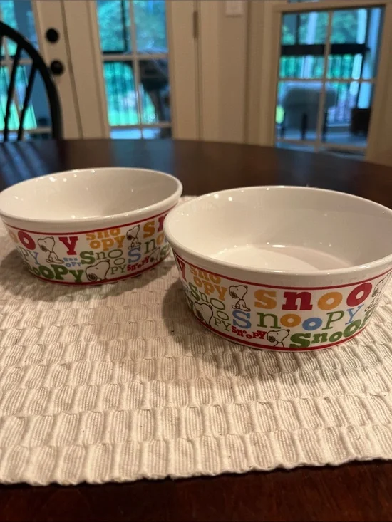 Peanuts Bowl Pair — White with Red, Yellow, Green, Blue, Orange Lettering