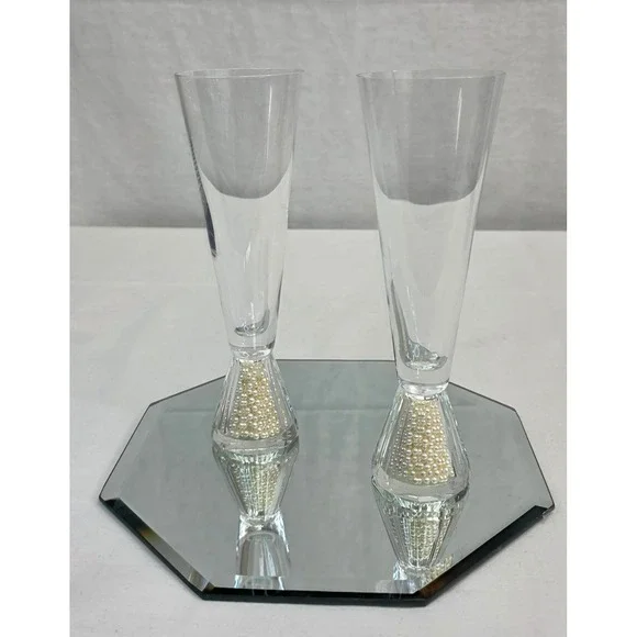 Pair of Faux Pearl Filled Base Champagne Flutes Wedding Toasting Glasses