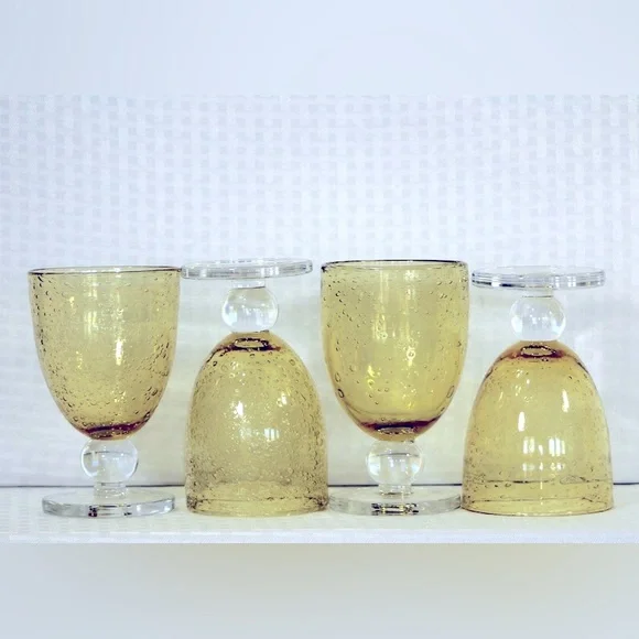 Tag Yellow Bubble Glass Goblets 10oz Hand Blown Glasses with Ball Knob Set of 4