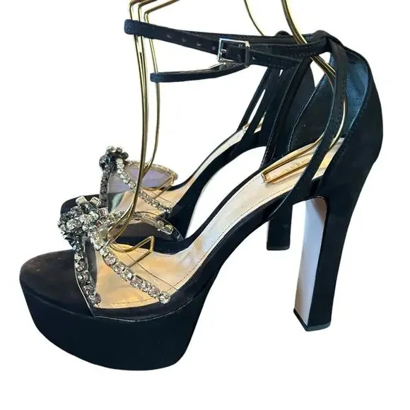 Schutz Suede Platform High Heels Clear Strap Rhinestone Embellished NEW 9.5