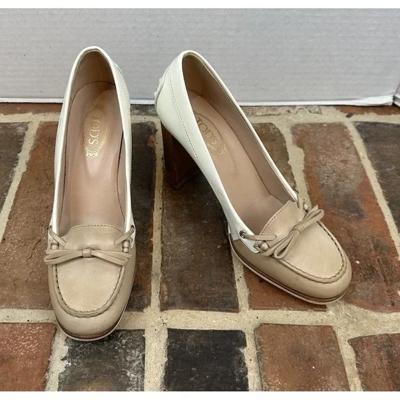 Tod's Two-Tone Leather Loafer Pumps High Stacked Heel Beige & White Women's 6