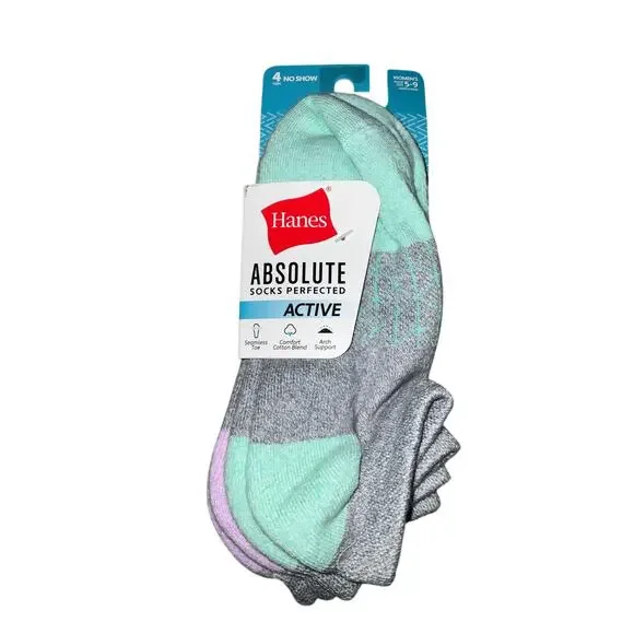 Women’s Hanes Absolute Active Teal and Black No Show Socks 4pr Size 5-9