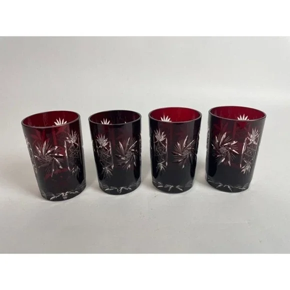 SET OF 4 RUBY RED BOHEMIAN CRYSTAL CUT TO CLEAR WHISKEY TUMBLER BAR GLASSES
