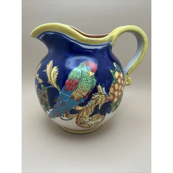 Vintage Maxcera Tropical Parrot Hand Painted Majolica-Style Water‎ Pitcher