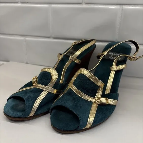Delores & Maxine Suede Wedge Heel Jade & Gold Women’s‎ Size 6 Leather