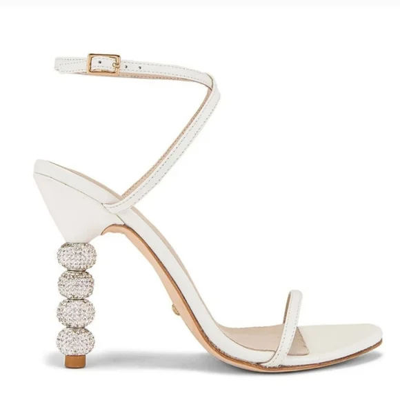 RAYE Leather Crystal Embellished Heels Disco Ball Strappy White Party Sandal 8.5