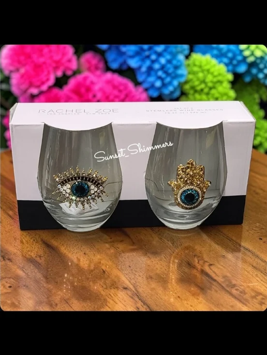 Jeweled Rhinestone Hamsa Evil Eye Mati Nazar Mal De Ojo Cocktail Wine Glass Set