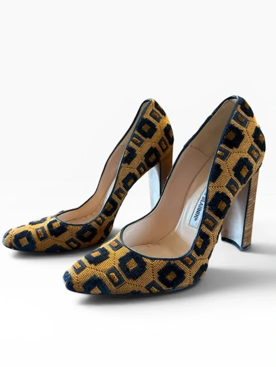 Manolo Blahnik Woven Geometric Block Heel Pumps Mustard & Black EU 38.5 US 8.5