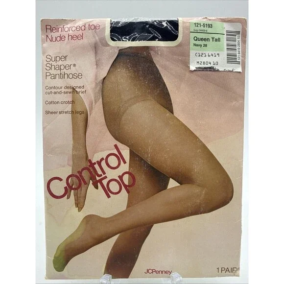 Vtg JC Penney Control Top Reinforced Toe Nude Heel Pantihose Queen Tall Navy 28