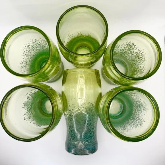 Set of 6 Hand Blown Ombre Green Art Glass Highball Tumbler‎ Glasses Mermaidcore