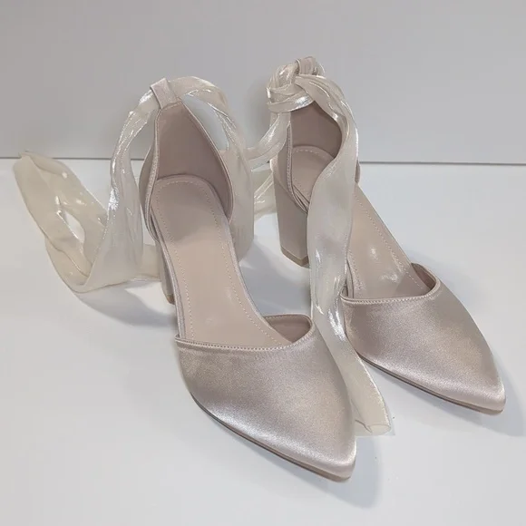 Satin Pointed Toe Block Heel Ankle Tie Pumps Size EU 42 US Size 11