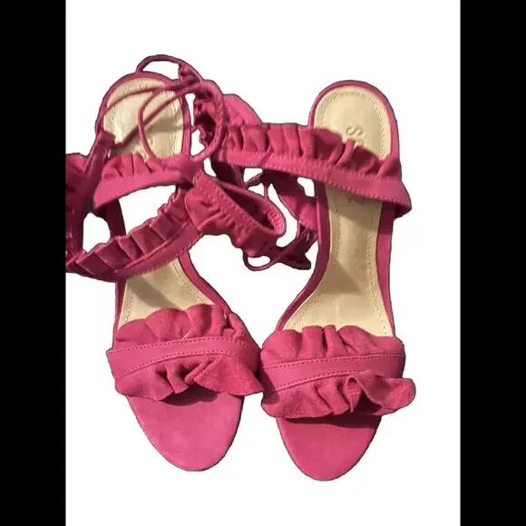 😎🩷 Pink Suede Ankle Tie Sandals Size 5.5 Schultz New Barbie
