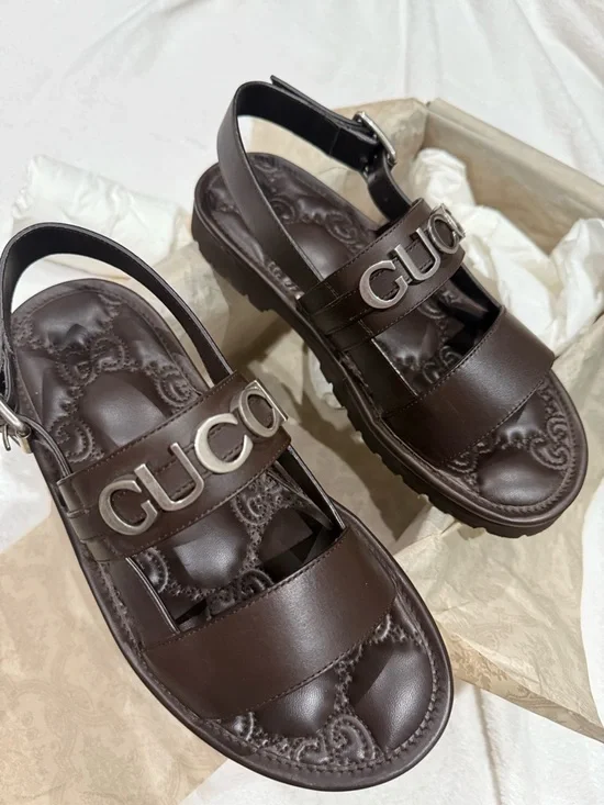 Gucci Dark Brown Leather Logo Buckle Sandals UK7