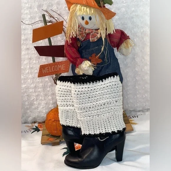NWT Doc L’s Hand Crocheted 3/4 White with Black Trim Boot Cuffs cover to feet!