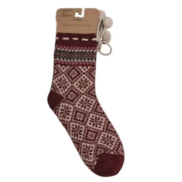 NWT LL Bean Maine Winter Sock Maroon and White Knit with pom poms size L-XL
