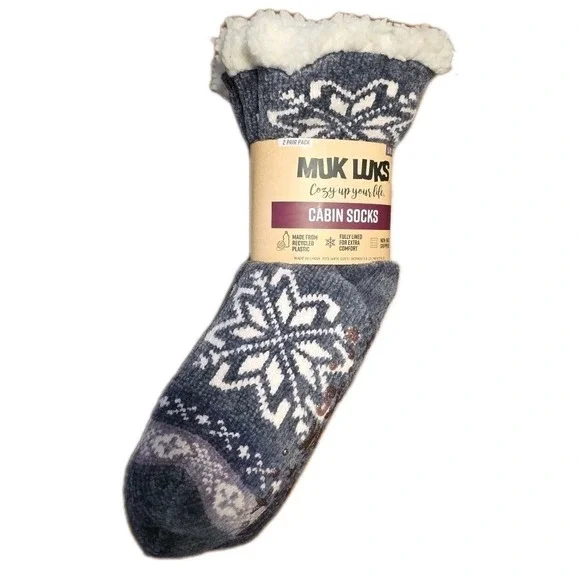 NEW Muk Luks Women 2-Pack NonSlip Bottom Cabin Socks Gray Purple Size‎ L/XL 8-10