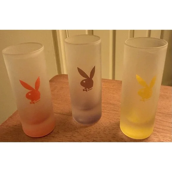 3 Vintage Playboy Bunny Shot Glass Frosted Orange, Yellow & Purple‎ 4