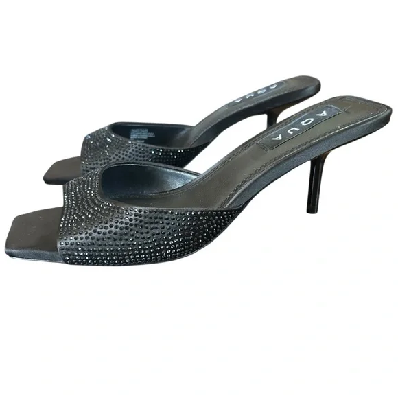 AQUA Onyx Black Embellished Stiletto Heel Mules Square Toe Slip On NEW 8