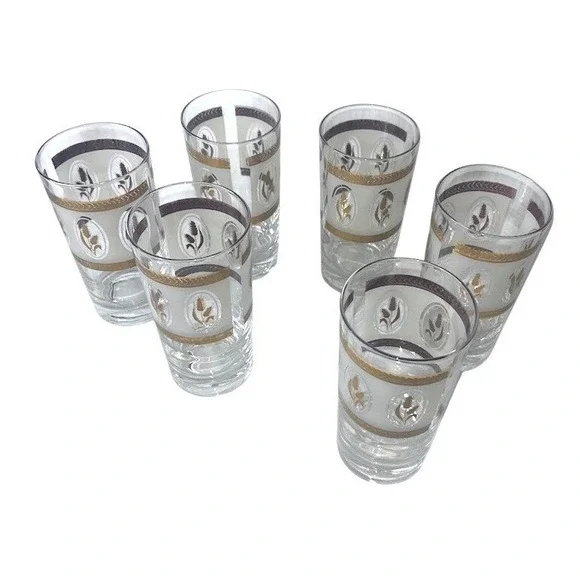 Vintage Libbey Golden Wheat Frosted Highball Glasses Gold Trim Set of 6 MCM